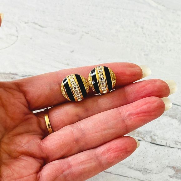 Vintage Christian Dior Black Enamel Rhinestone Earrings Gold Plate Hexagonal 90s - Picture 2 of 5
